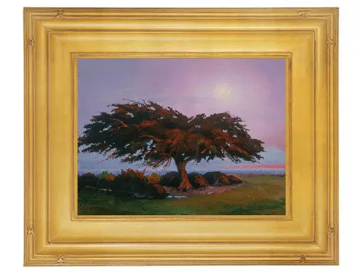 Tree painting in ornate golden frame.