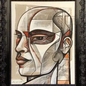 Abstract portrait painting in ornate black frame.