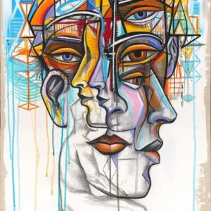 Abstract colorful faces with geometric patterns.