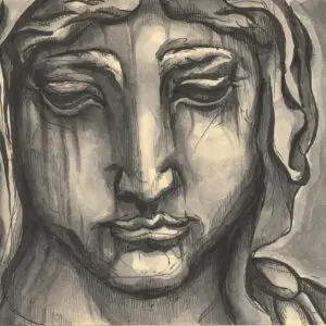Drawing of a contemplative face in grayscale.