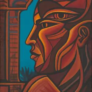 Abstract portrait with geometric shapes and colors.