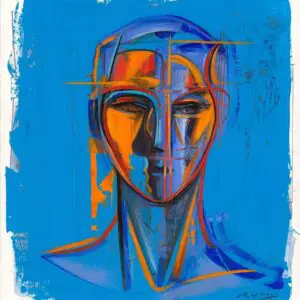 Abstract colorful face on blue background.