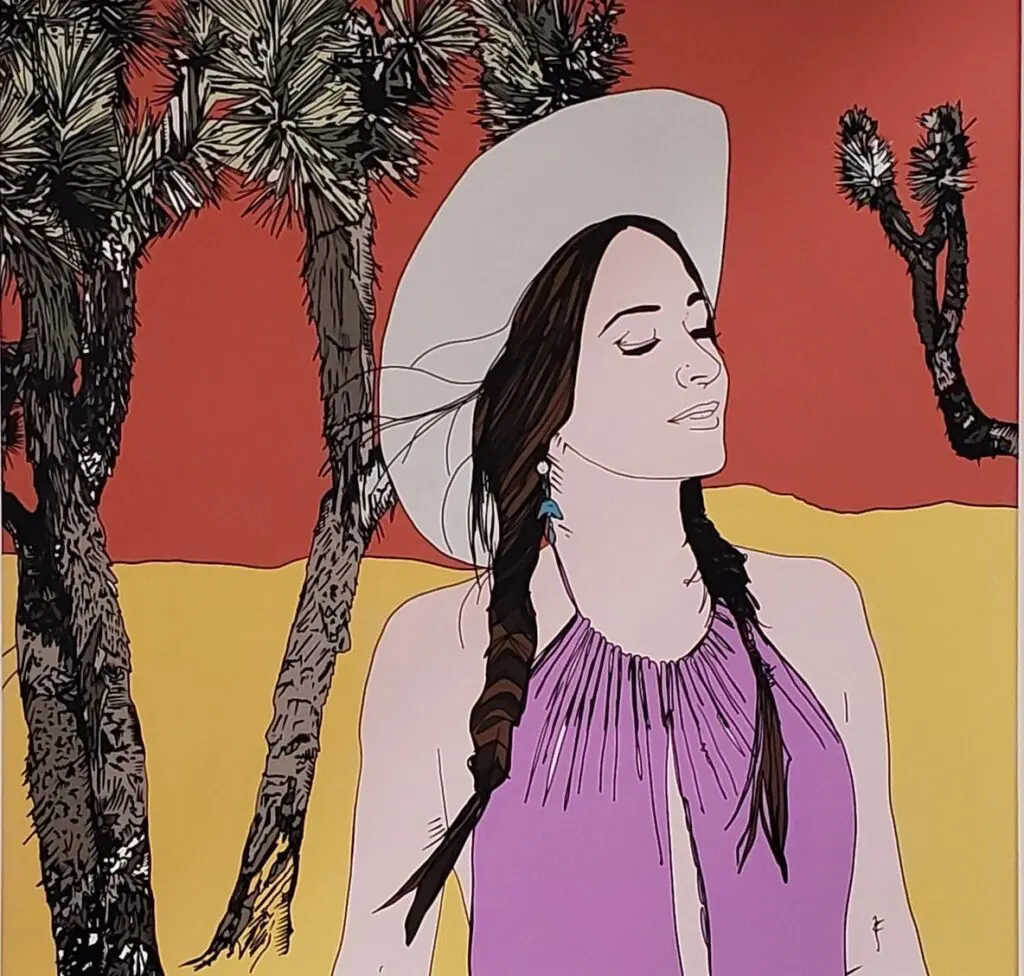 Woman in hat with desert background illustration.