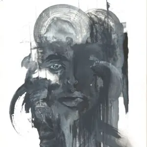 Abstract grayscale painting of a face.