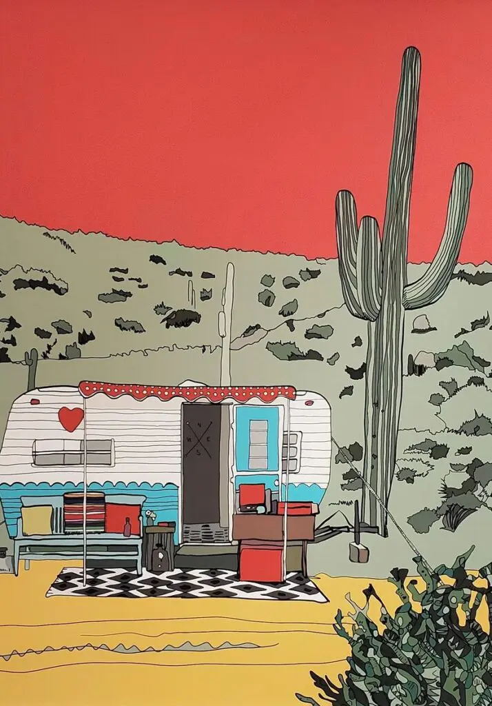 Colorful trailer and cactus in desert landscape.