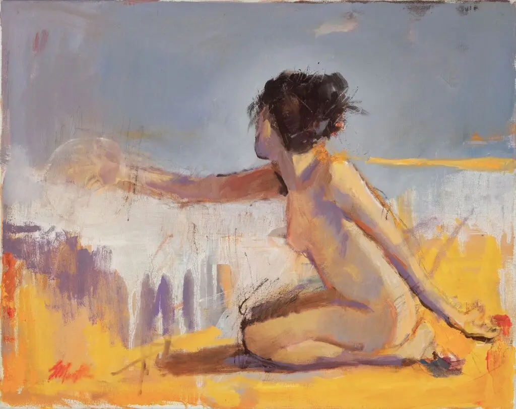 Abstract painting of a seated nude figure.