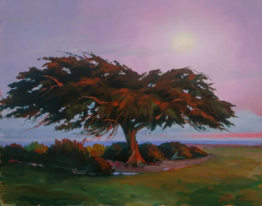 Tree under sunset sky in landscape painting.