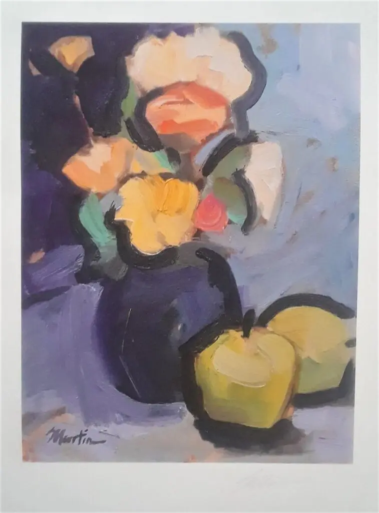 Abstract painting with flowers and apples.