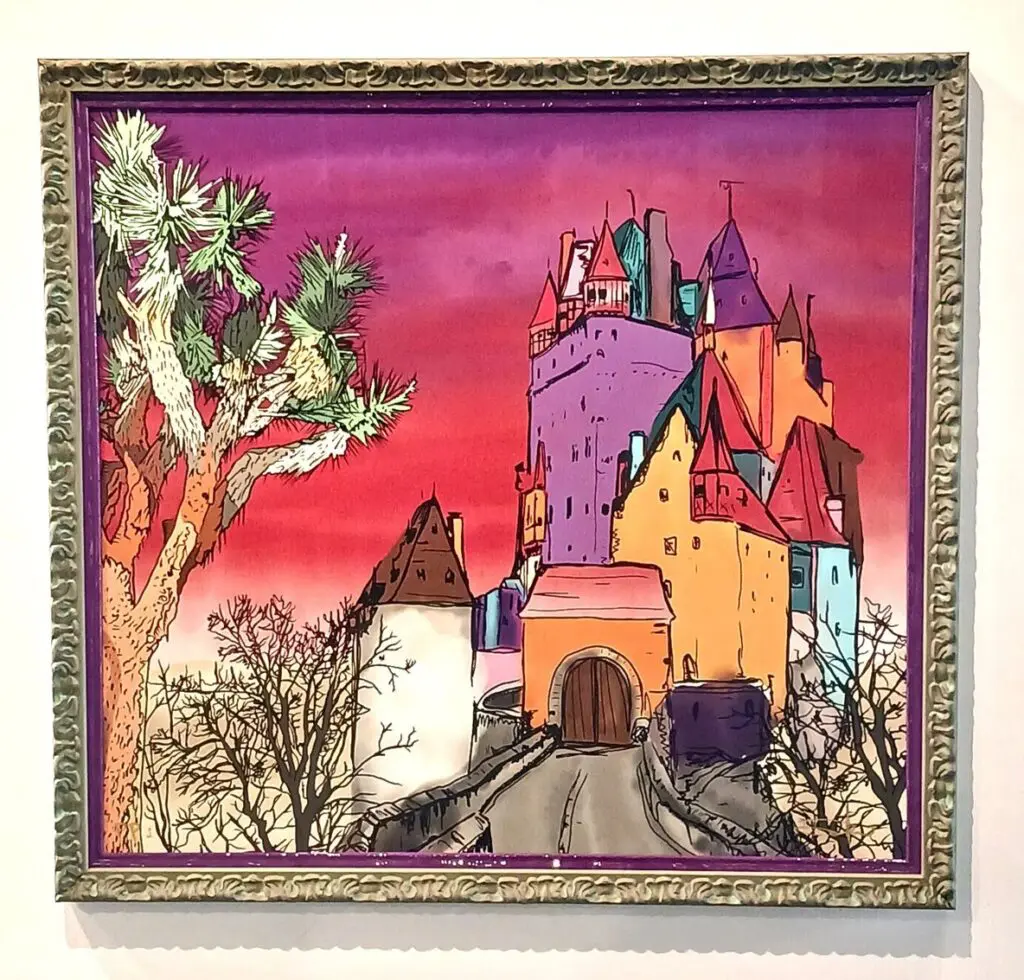 Colorful castle painting with vibrant sky background.