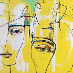 Abstract faces with vibrant yellow background.
