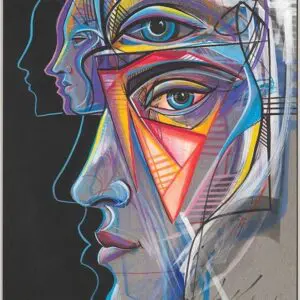 Abstract colorful faces with geometric shapes.