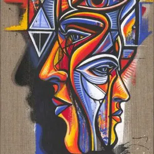 Abstract colorful faces with geometric patterns.