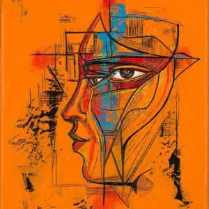 Abstract geometric face on orange background.