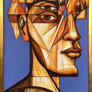 Cubist-style abstract portrait with multiple eyes.