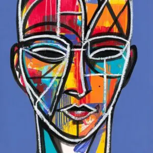 Abstract colorful geometric portrait on blue background.