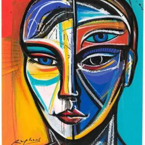 Abstract colorful face with four eyes.