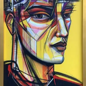 Abstract portrait with vibrant geometric shapes.