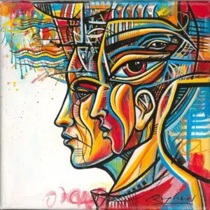 Abstract colorful face with multiple profiles.