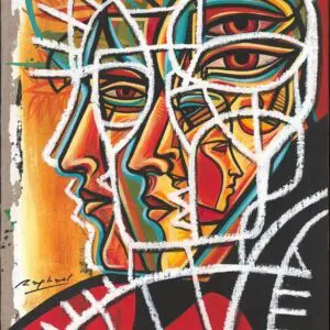 Abstract faces with vibrant colors and lines.