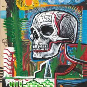 Colorful abstract painting of a skull.