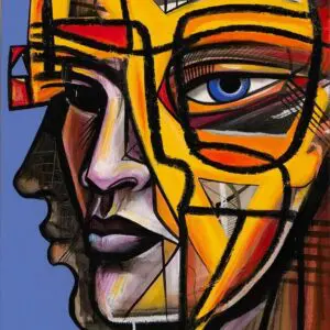 Abstract colorful face with geometric patterns.