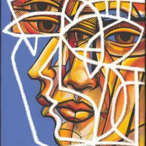 Abstract colorful faces with geometric lines.